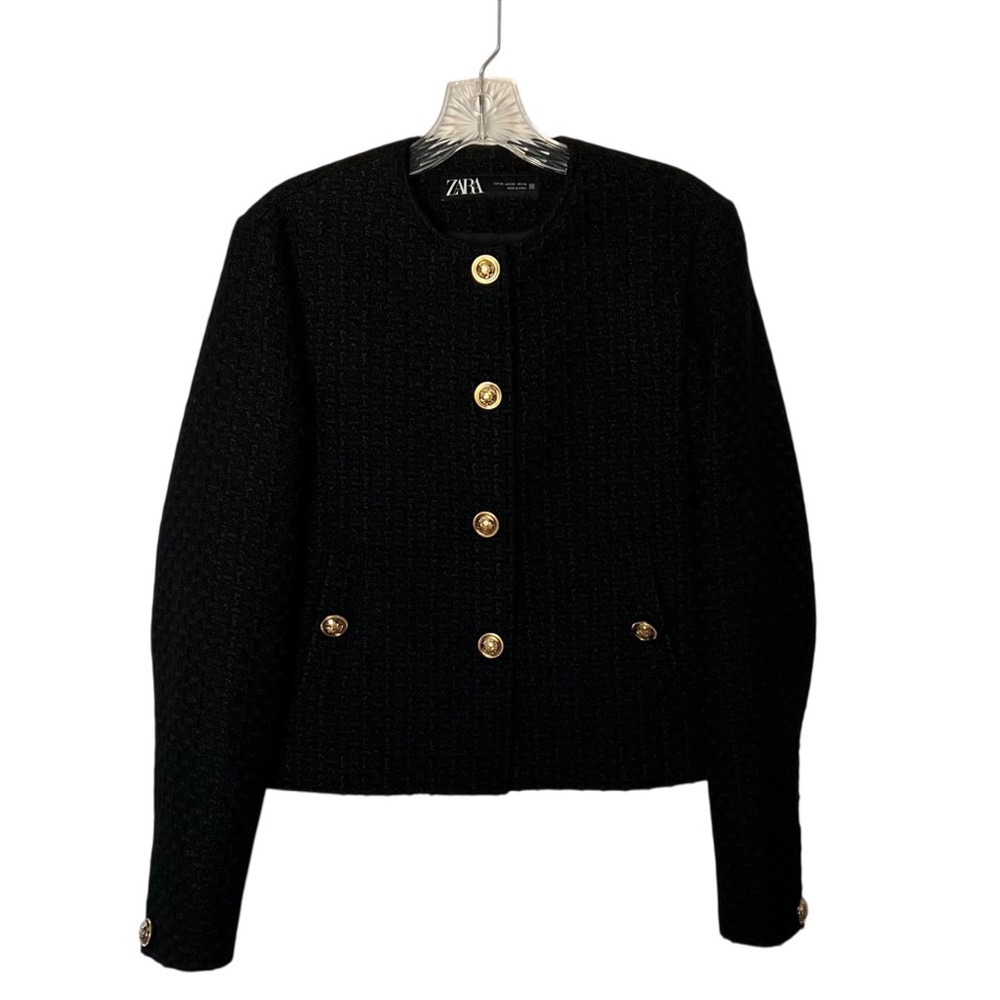 Zara Black Textured Cropped Blazer with Gold Accents